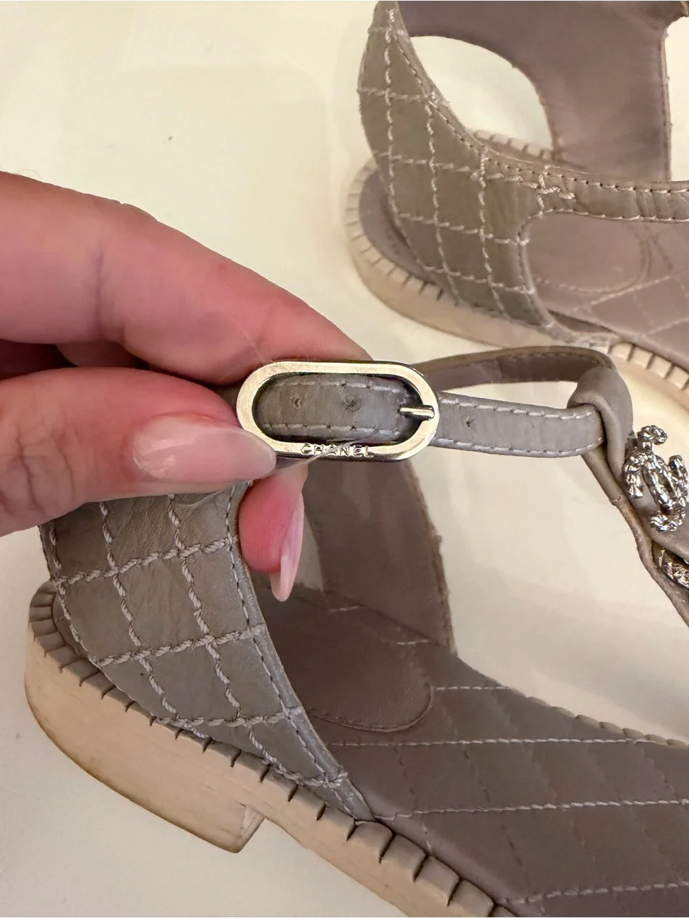 CHANEL Quilted T-Strap Chain Sandals in Taupe